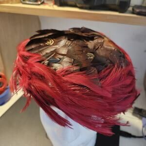 VTG 40s 50s Women PHEASANT FEATHER Fascinator PILLBOX HAT Fushia Colorful